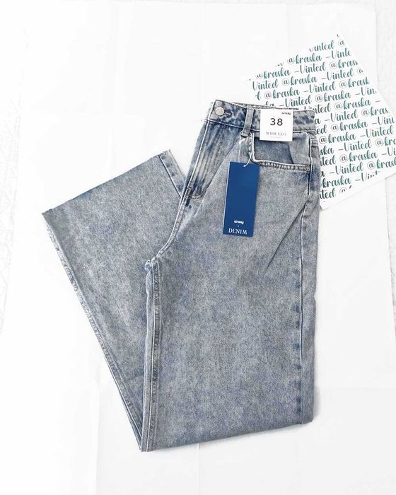 Spodnie jeansy wysoki stan szerokie, bardzo długie nogawki 38 wide leg