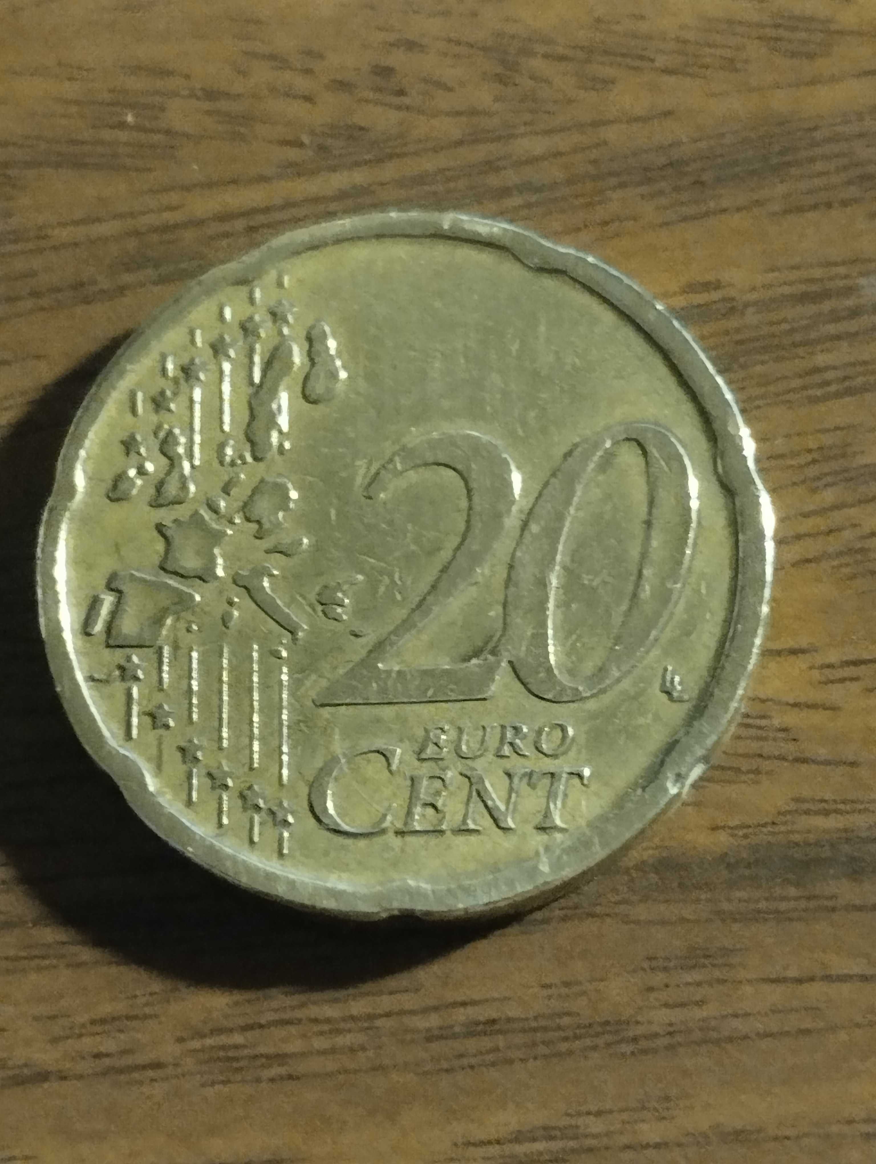 Moeda de 20 centimos de 1999 da França, com erro de cunhagem