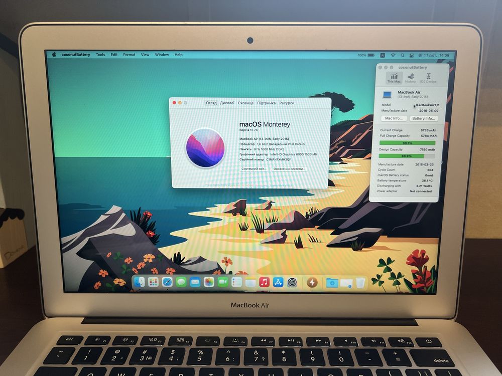 MacBook Air 13 A1466 2015, 8Gb, 128Gb, БАТАРЕЯ 80% 6-7 годин