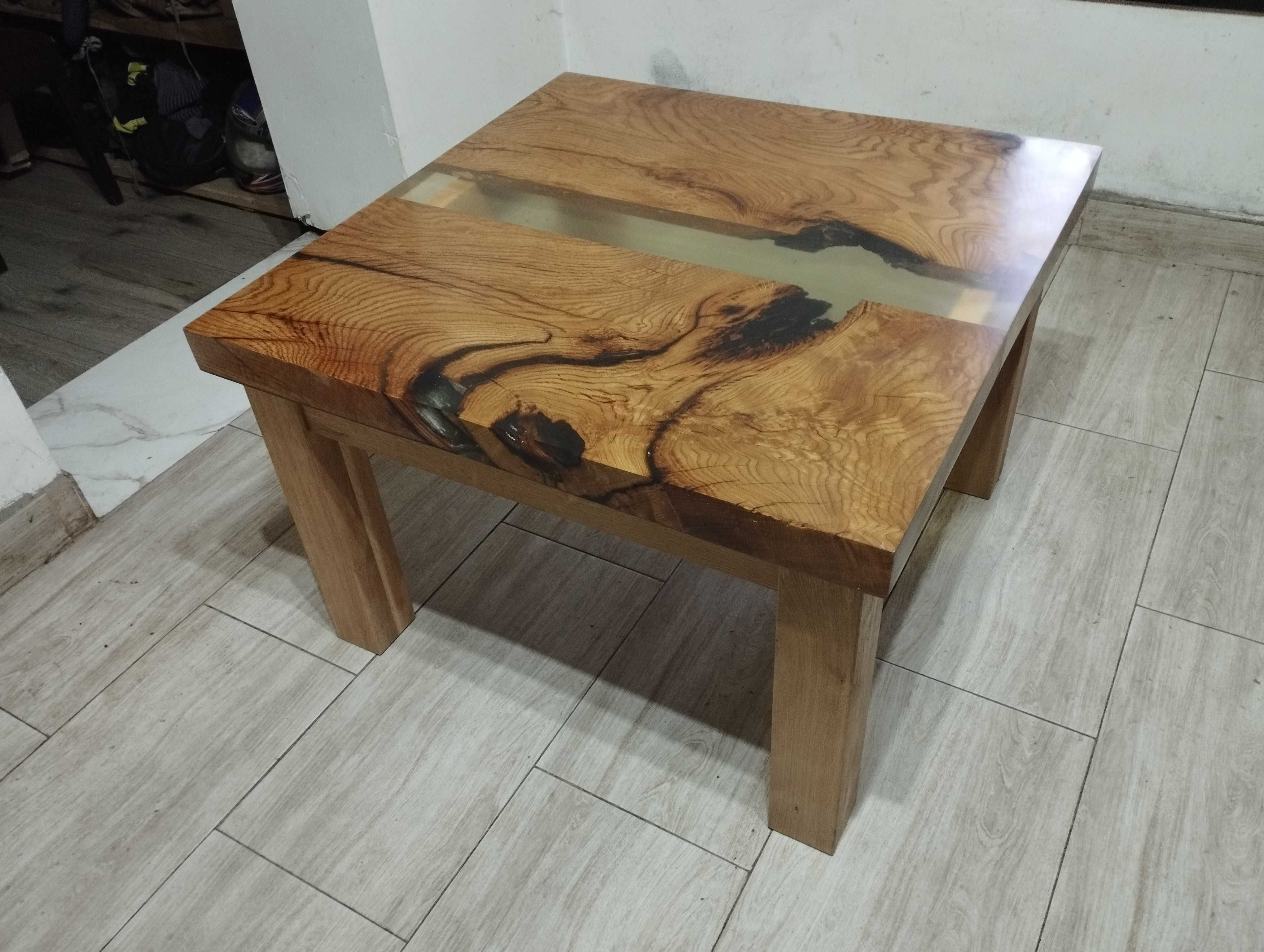 Stół Stolik Kawowy Dębowy Naturalny Dąb ława 80x80 x50 Żywica Drewno
