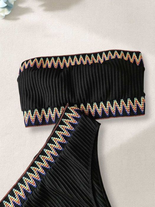 Женский купальник с вышивкой в рубчик топ и высокие плавки SHEIN, L/XL