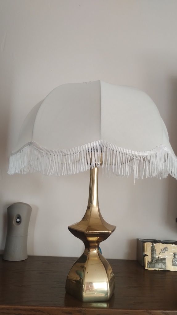 Lampa stojąca z mosiądzu z oryginalnym abażurem