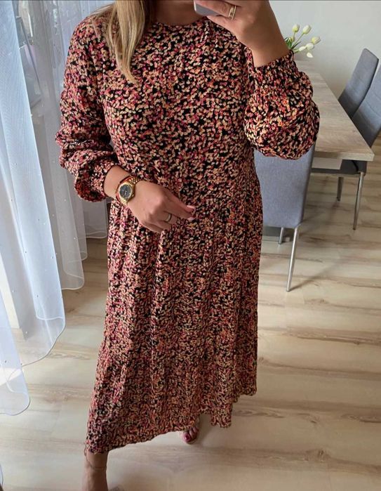 H&M długa maxi MIDI oversize sukienka z wiskozy z kwiaty M/L