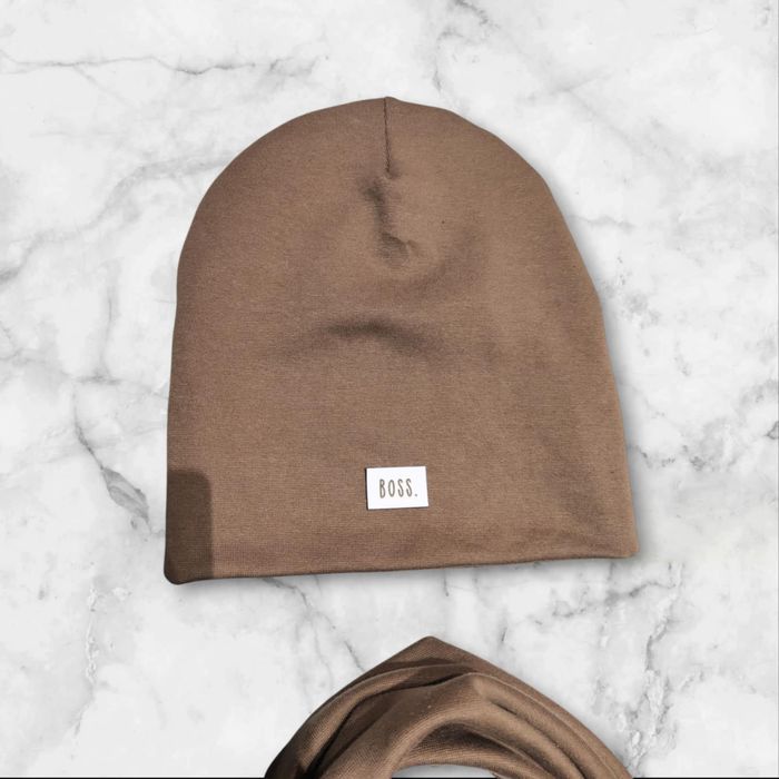 Komplet czapka komin jesienno-zimowy chłopięcy mleczna czekolada nowy