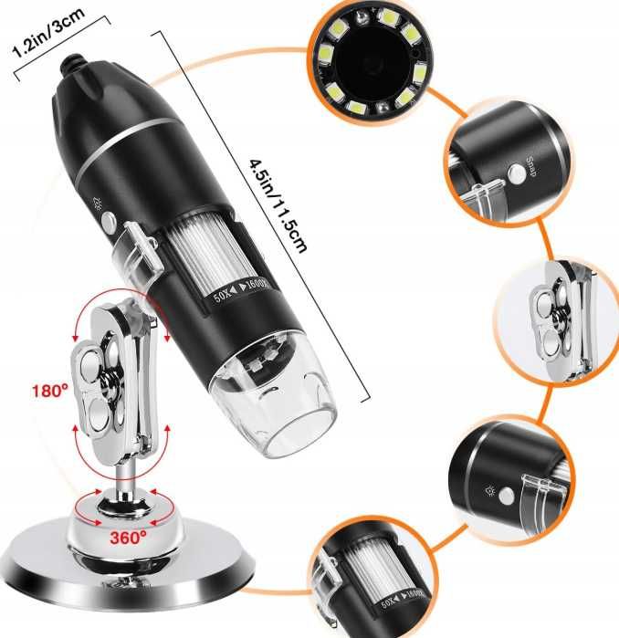 WADEO ręczna kamera mikroskop cyfrowy 1440P HD USB 50-1600X 8 diod LED