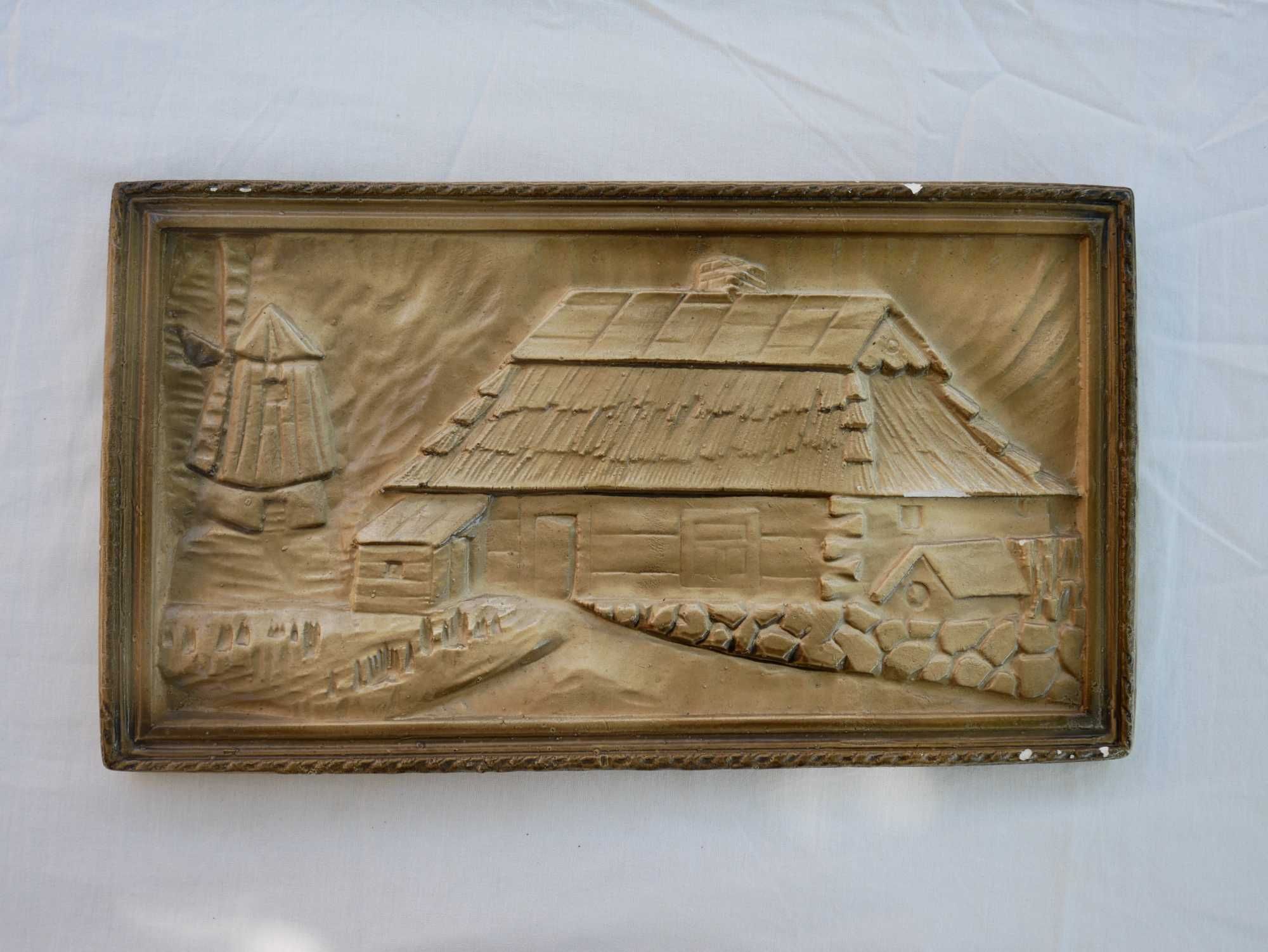 Obraz glina ceramiczna "Góralska chata", retro, PRL