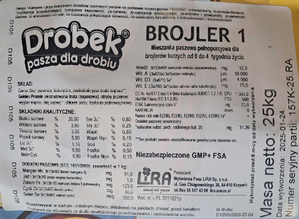 LIRA Pasza BROJLER 1 od 0-4 tyg. życia kruszonka worek 25 kg