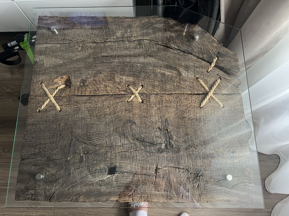 Unikatowy stolik kawowy Premium Resign lite drewno + szkło styl loft