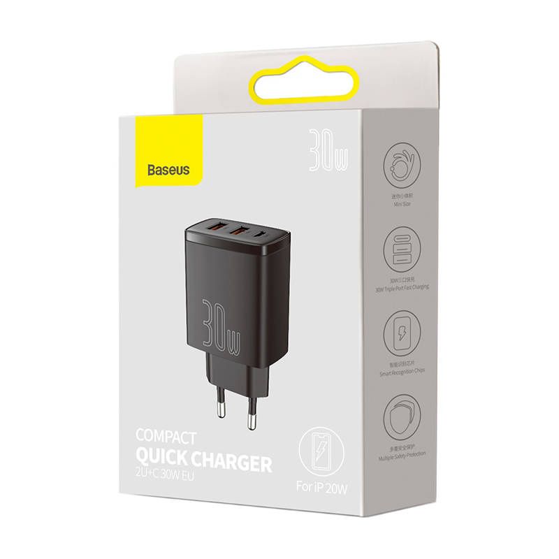 Ładowarka sieciowa Baseus Compact Quick Charger, 2xUSB, USB-C, PD, 3A