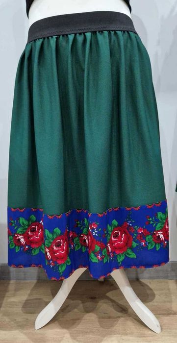 Spódnica butelkowa zieleń, dołem szafirowy pas kwiatów, 3XL