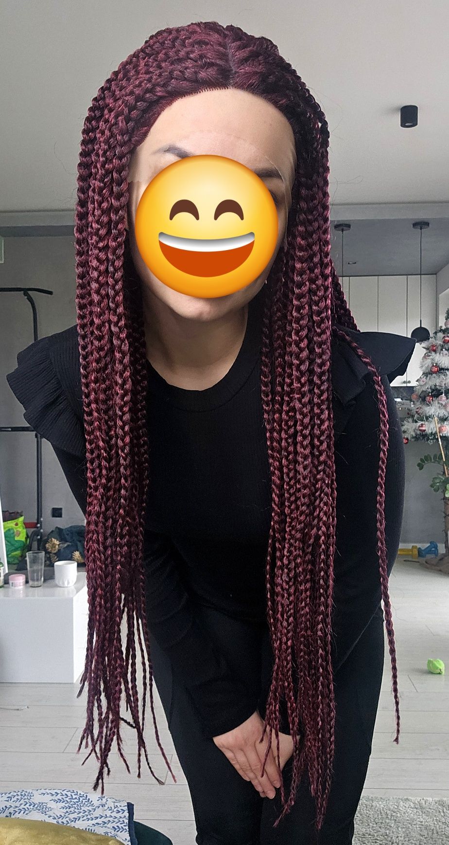 Peruka lace front warkoczyki syntetyczne bordowe