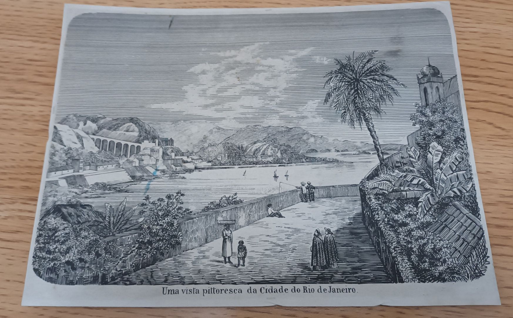 Gravura antiga do Século 19 com vista do Rio de Janeiro