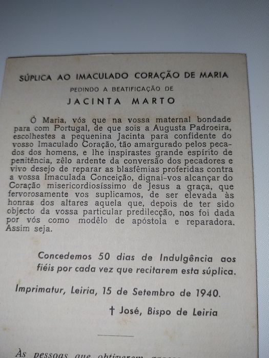 Pagela de Jacinta Marto, impressa em 1940