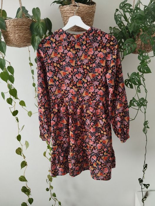 Sukienka z długim rękawem, w kwiaty, z kołnierzem, 100% wiskoza r.XS/S