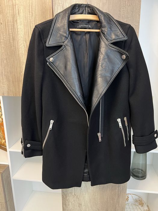 Стильне вовняне пальто від zara з вставками натуральної шкір