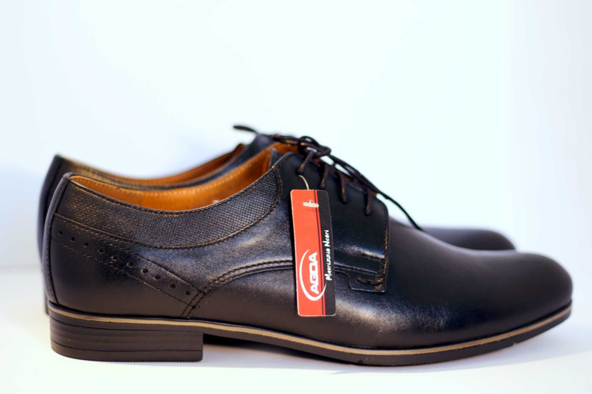 BUTY MĘSKIE 43 ROZMIAR CZARNE Wizytowe Skóra PL Komunia Wesele