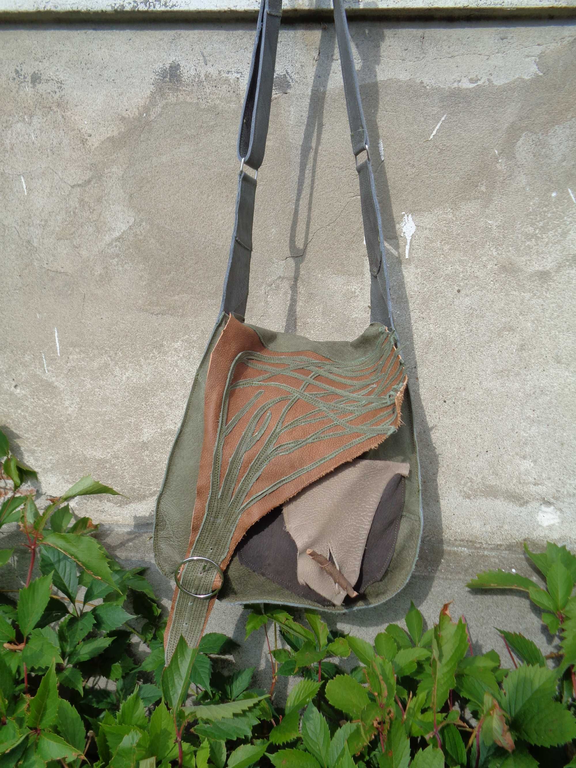 Artystyczna duża torebka skórzana z drzewem. Handmade