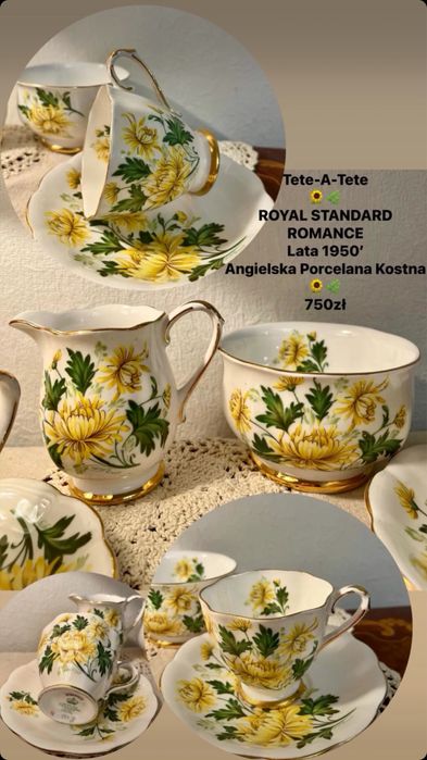 **Tete-A-Tete Stara Piękna Angielska Porcelana Kwiaty Złoto Filiżanka