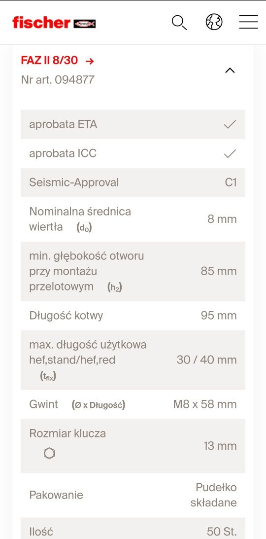 Kotwa sworzniowa BETON FAZ II 8/30 ocynk 94877 FISCHER-50szt. opakow.