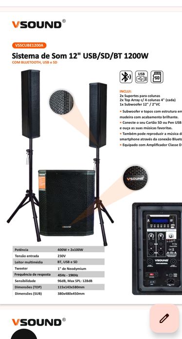 Sistema de Som Bi-Amplificado 12" USB/SD/BT 1200W VSOUND
Reentrada