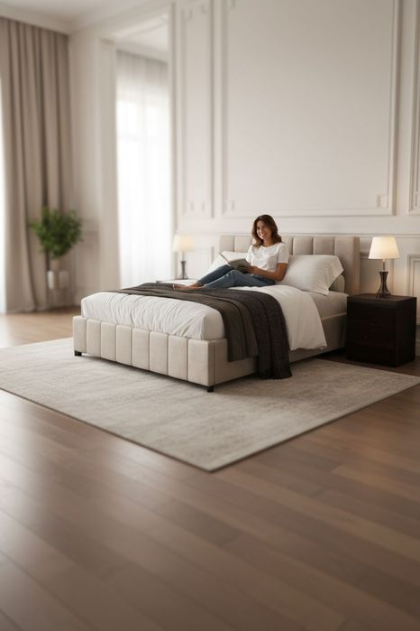 Łóżko tapicerowane Serenity z pojemnikiem na pościel stelaż metalowy