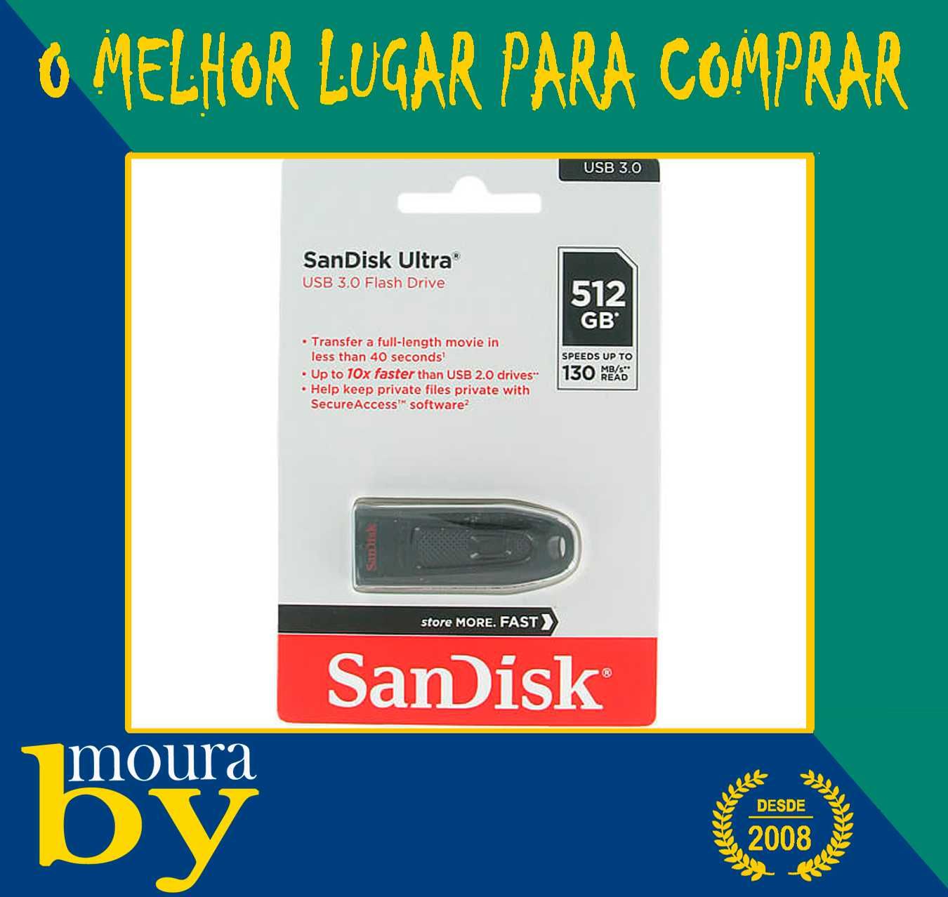 Pen SanDisk Ultra 512GB  USB 3.0 até 130 MB/s de leitura memória flash