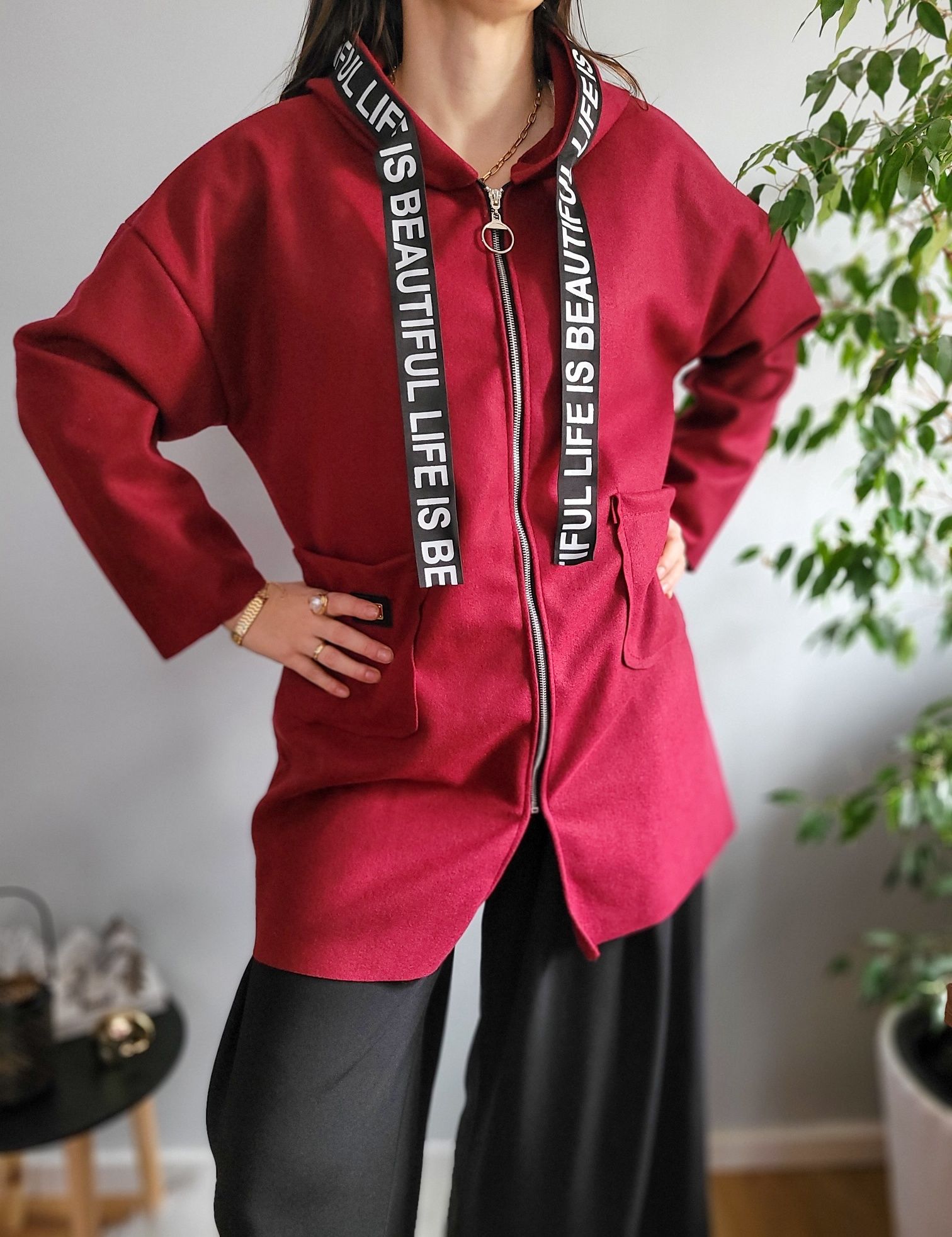 Nowy bordowy płaszcz damski długa kurtka casual oversize na zamek