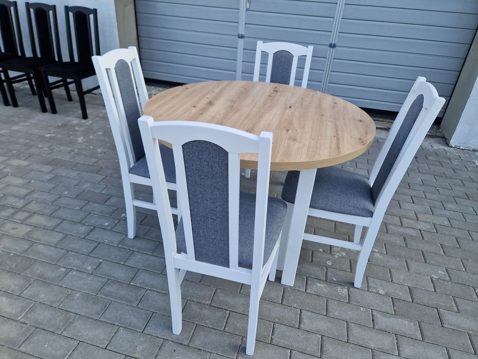 Nowe : Stół okrągły rozkładany + 4 krzesła, biały/artisan + szary