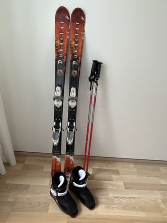 Buty narciarskie 33,5 + narty z wiązaniami i kijki