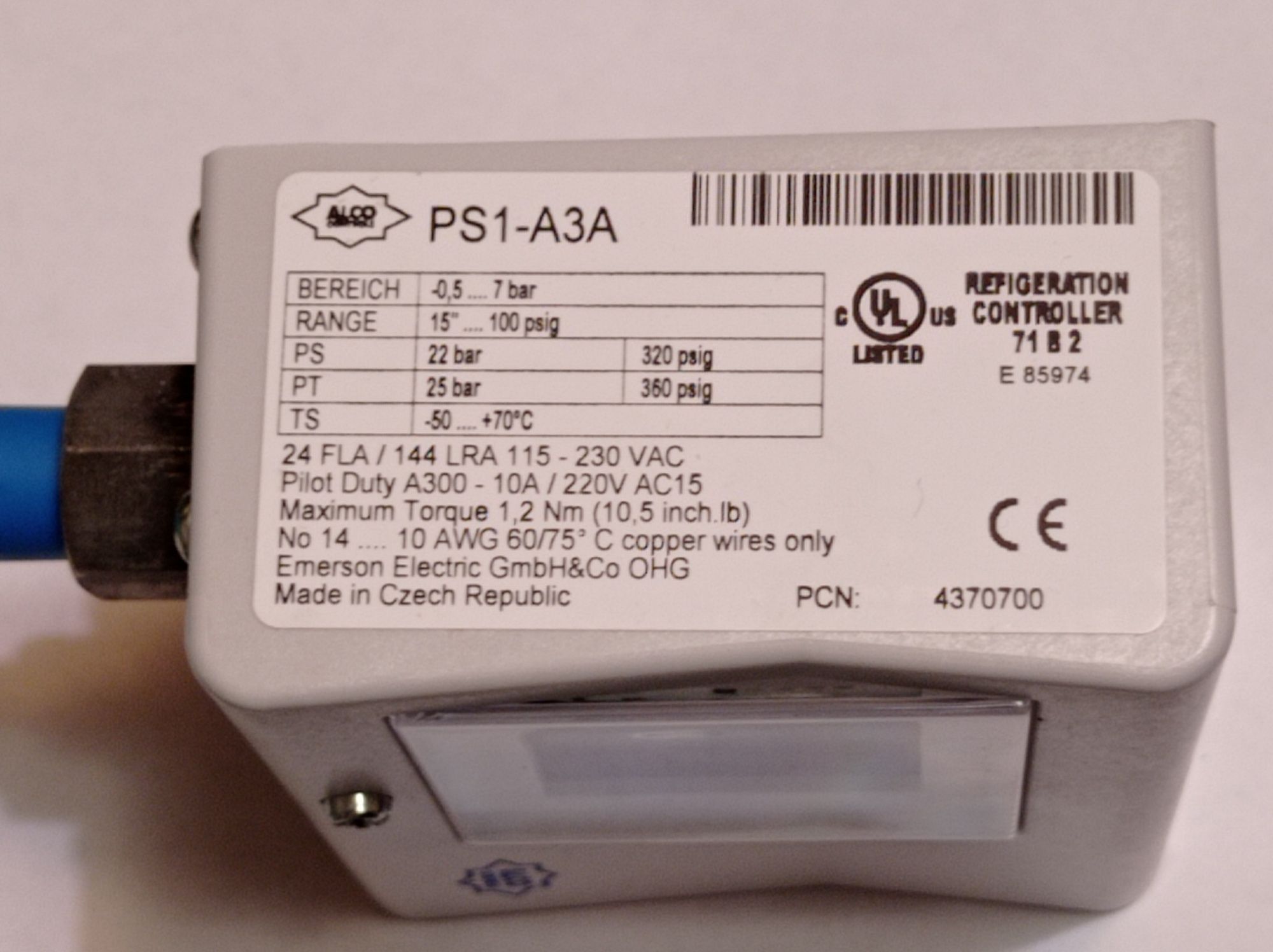 Одноблочное реле тиску PS1-A3A (A3U) (4370700) Alco Controls
