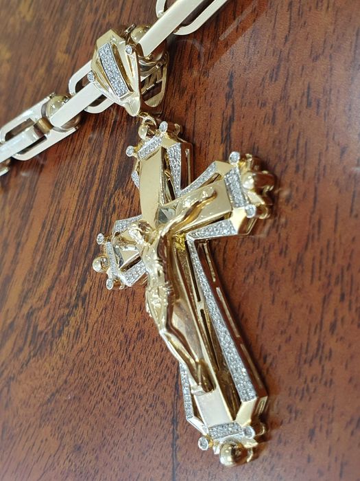 Złoty Łańcuch-128gr+KRZYŻ Z DIAMENTAMI-158 szt. - 0,80 ct.- próba 585.