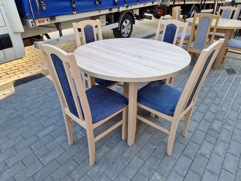 Nowe: Stół okrągły + 4 krzesła, sonoma + metaliczny granat, trans PL