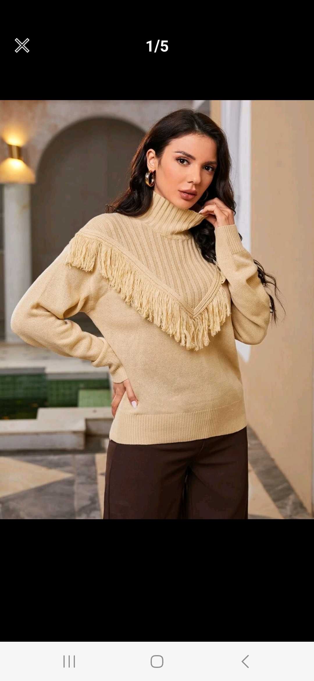 Nowy sweter damski boho z frędzlami beżowy camel golf z golfem 36 s