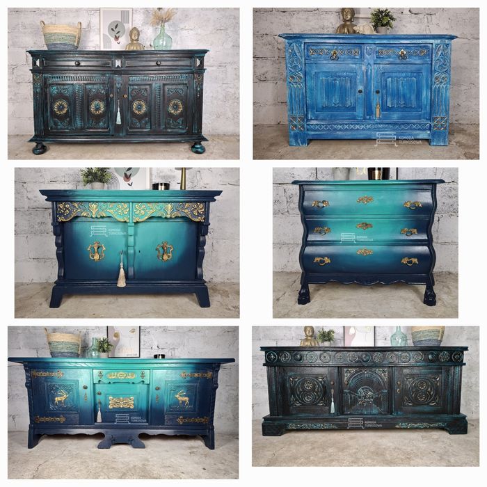 Komoda rzeźbiona, szafka drewniana, zdobiona, niebieska, turkusowa