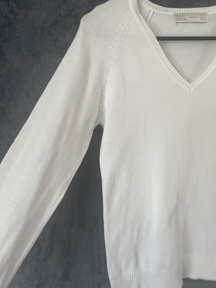 Zara biały sweter damski cienki w szpic długi rękaw, bawełna Xs / S
