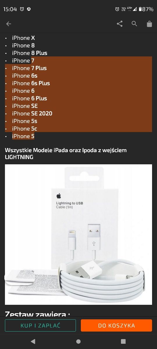 Kabel Iphone Lightning 1M 8 Se X 11 12. 20 zł .