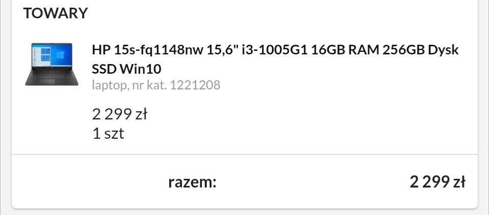 Laptop HP 15s-fq1148nw 15,6" i3 16GB RAM 256 GB SSD
