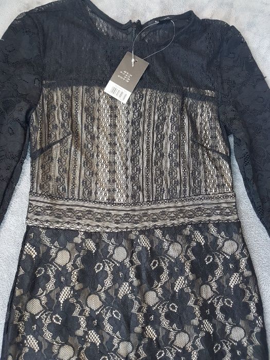 Nowa elegancka czarna koronkowa swiateczna sukienka kwiaty 36 S
