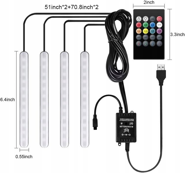 Oświetlenie Wnętrza Samochodu Listwa LED do Kabiny Auta RGB USB Pilot
