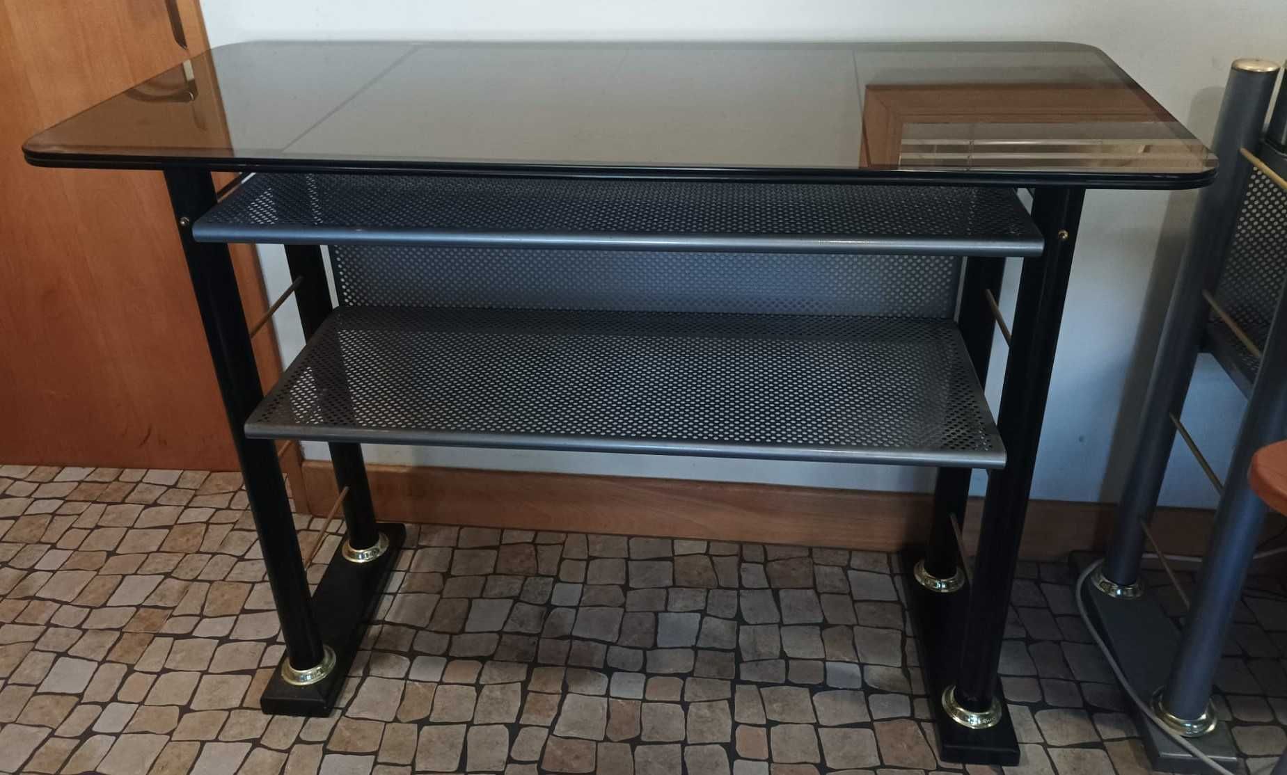 Mesa de vidro/metal multifuncional c/2prateleiras de apoio