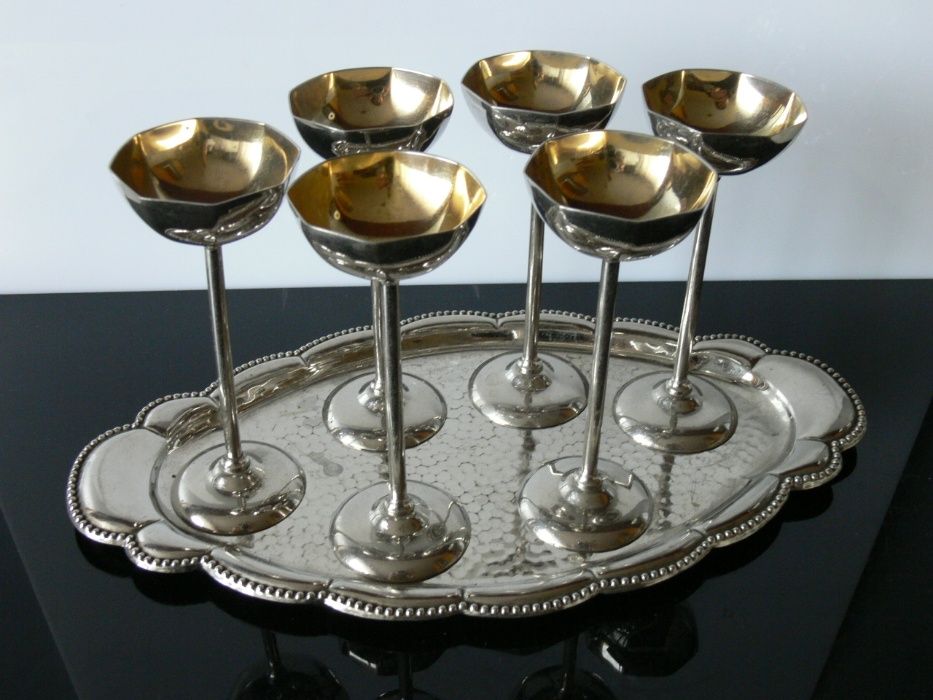 Kieliszki do likieru sygnowane judaica ArtDeco srebrzone? taca secesja