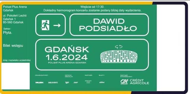 Bilet Dawid Podsiadło - 1 - 2 szt - Gdańsk 01/06/2024 - płyta