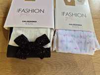 2 szt rajstopy Calzedonia kids 6/8 kremowe czarne z kokardkami białe