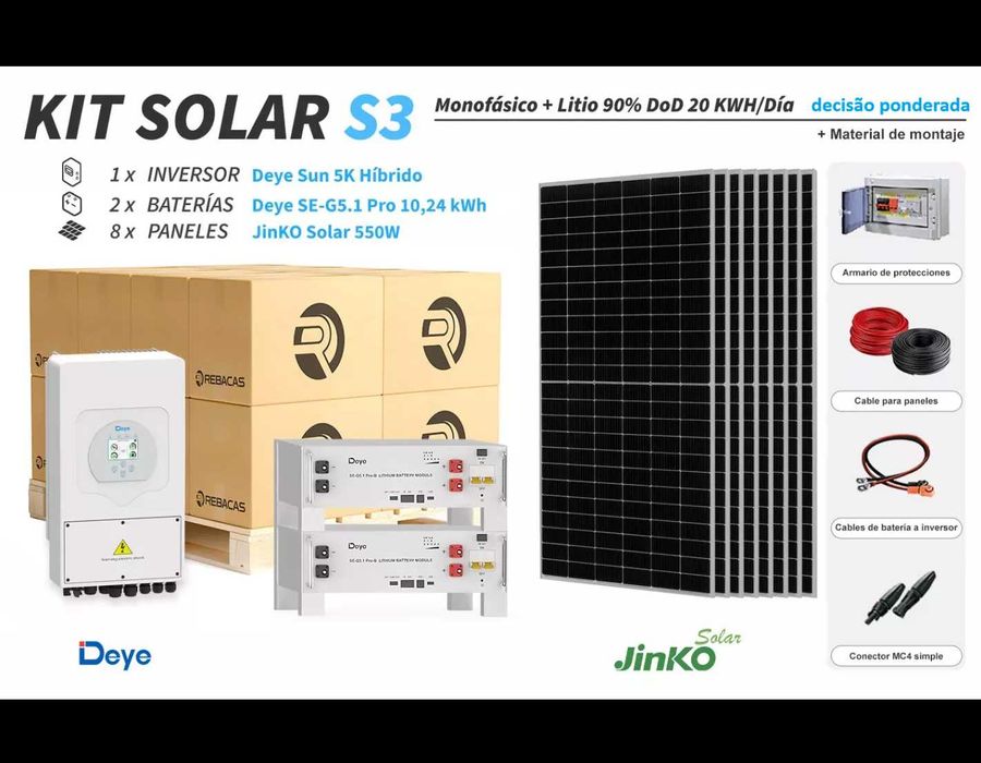 Kit de lítio Deye S3 20 kWh/dia com bateria DOD de 10,24 kWh 90%