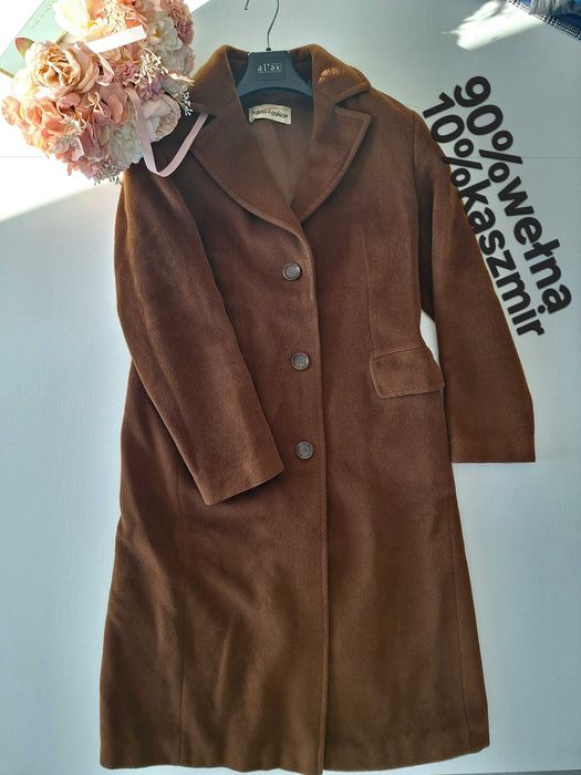 Płaszcz brązowy brąz czekoladowy wełniany wełna kaszmir Pabia r M 38
