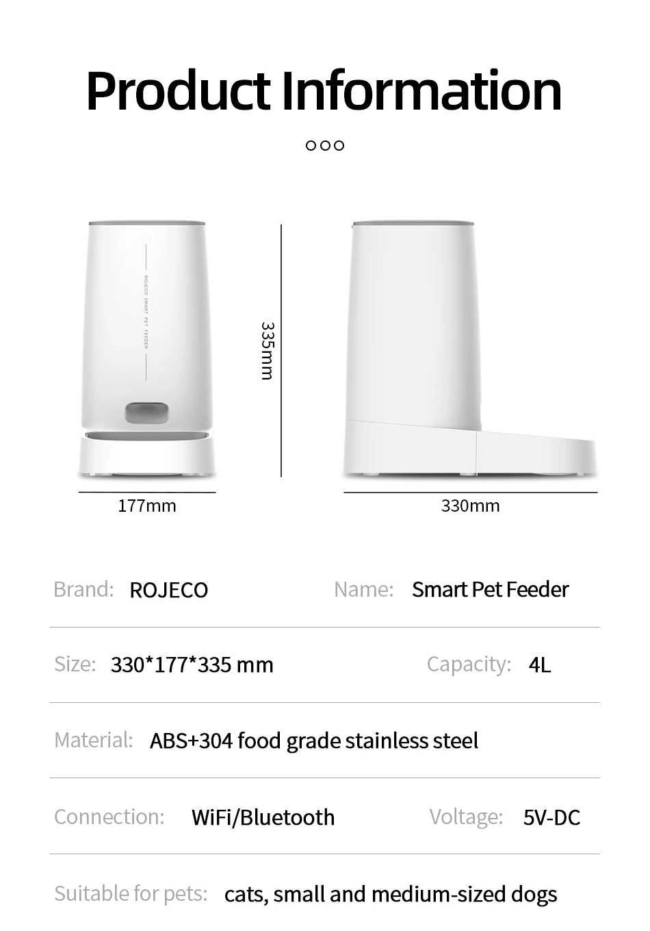 ROJECO Автоматическая кормушка 4 л  для кошек,  Wi-Fi