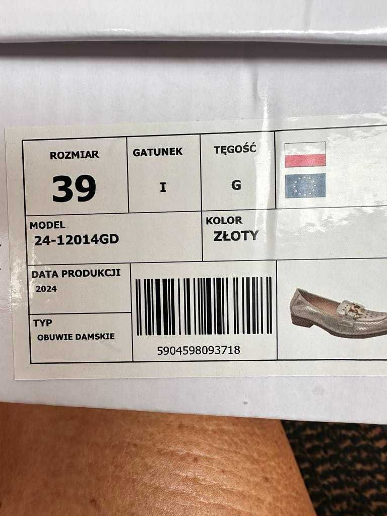 Mokasyny damskie złote rozm. 39 Potocki