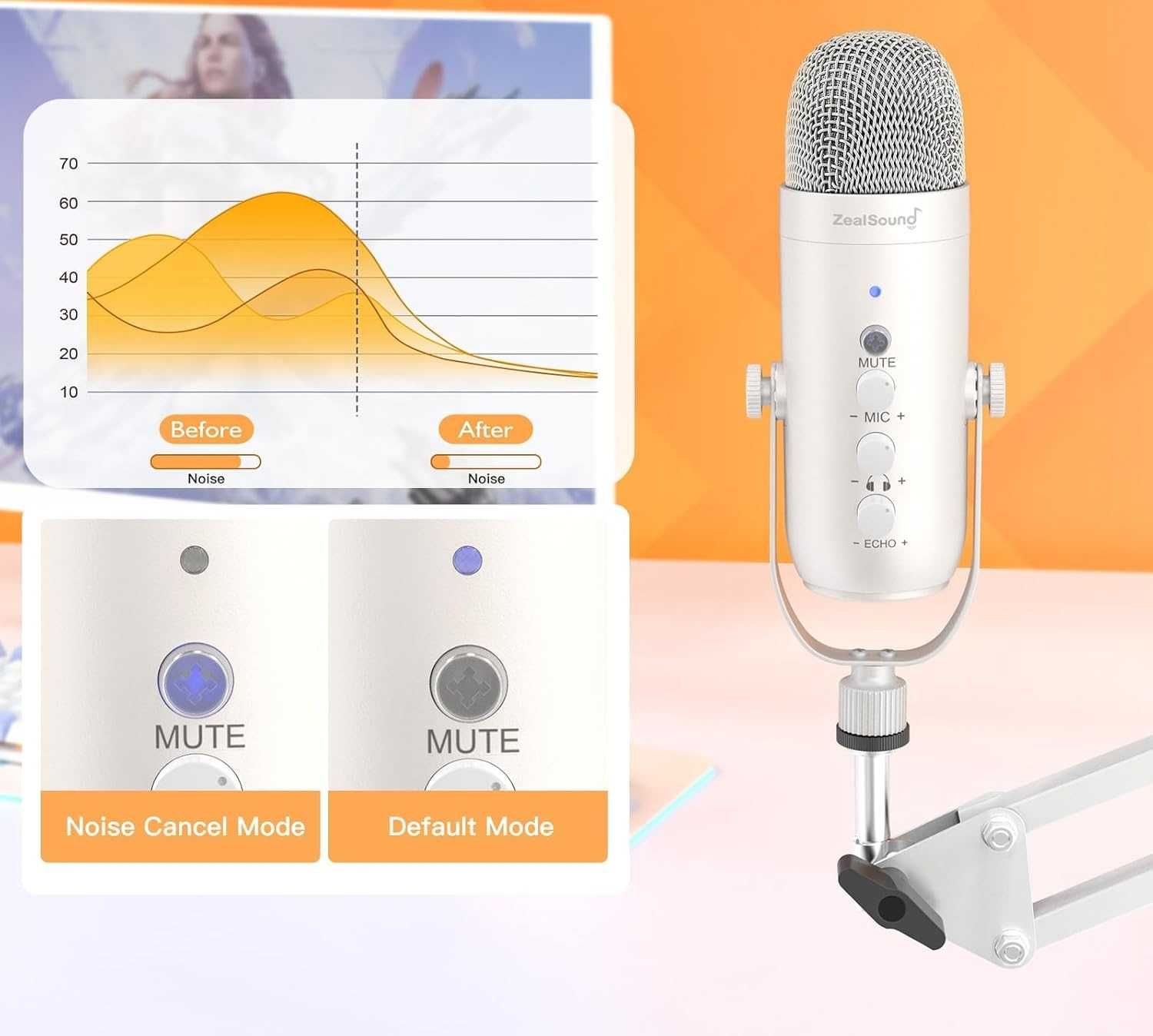 ZealSound Zestaw mikrofonów USB + ramię k66 Pearly White Podcast