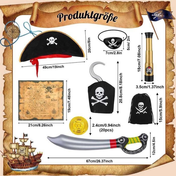 Strój pirata dla dzieci Kostium Akcesoria 8 części Uniwersalny