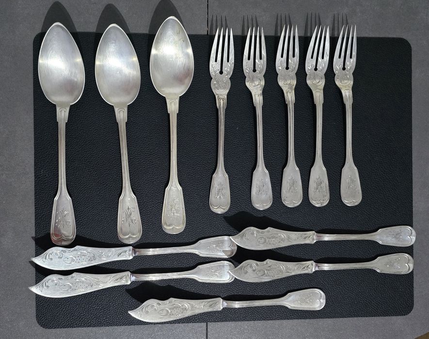 Stare srebrne sztućce do ryb srebrna łyżka wudelec i nóz ryngraf